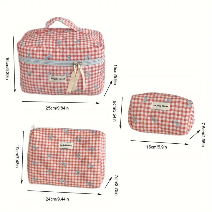 Chloe | Charmantes kariertes Make-up-Täschchen-Set mit Schleifen-Design