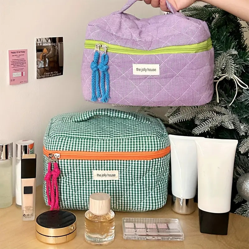 Rosielyn | Karierte Baumwoll-Kosmetiktasche für Reisen
