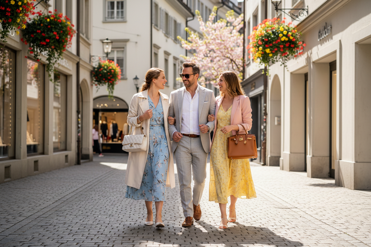 2 women and 1 men are walking down a shopping street in zurich, switserland. they are having a good time and they wear stylish clothing an the woman have a nice handbag. It's spring season.