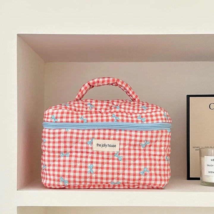 Chloe | Charmantes kariertes Make-up-Täschchen-Set mit Schleifen-Design