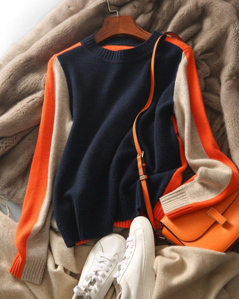 Aquisha | Damenpullover mit Retro-Streifen in Marine und Orange