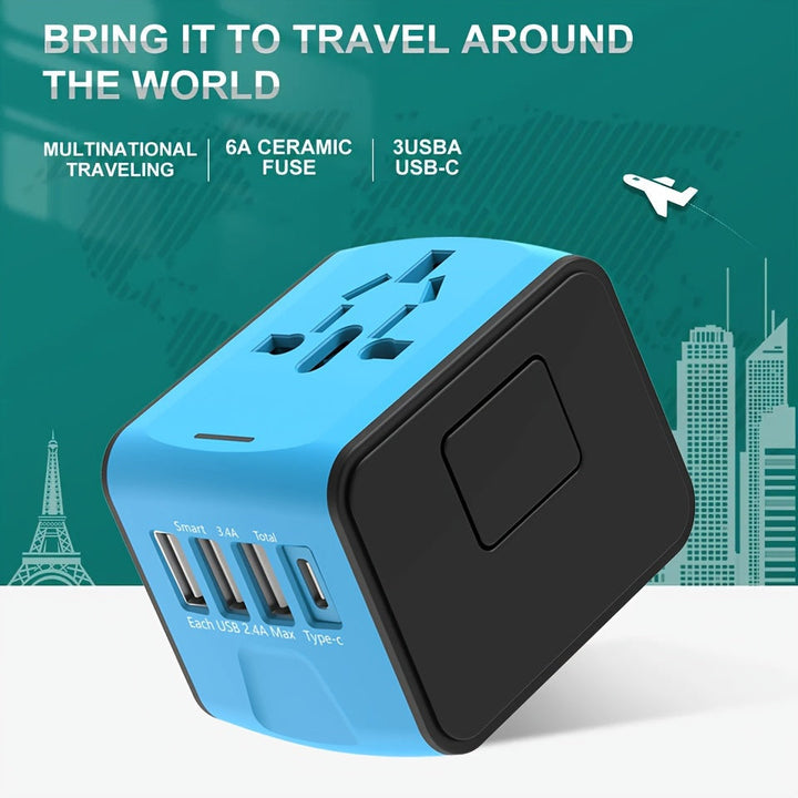 Universeller Reiseadapter mit 4 USB-Anschlüssen und Typ-C-Globale Kompatibilität, schnelle Ladesicherheitsfunktionen-3