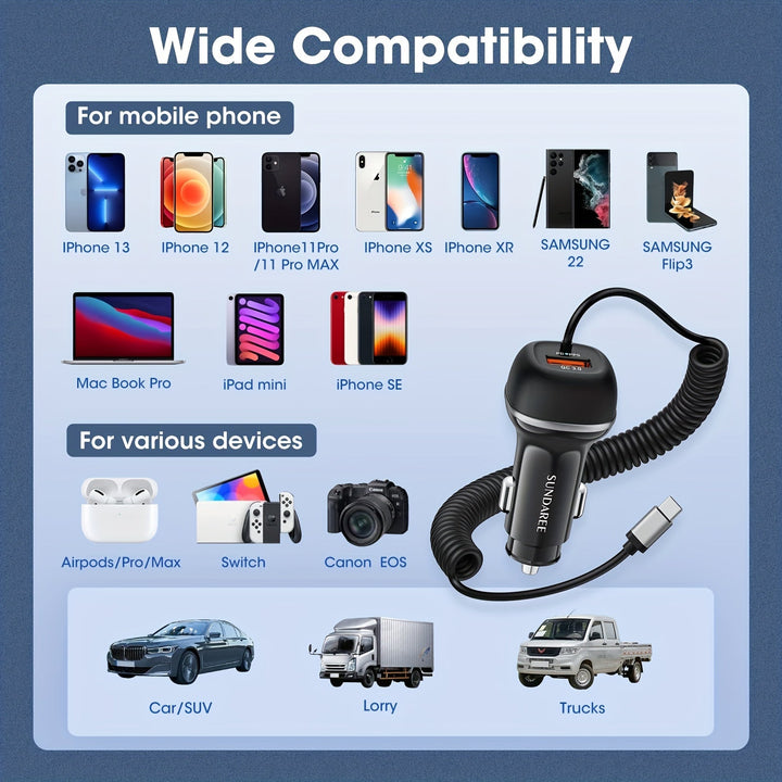 Schnelles USB-C-CAR-Ladegerät mit 51-W-Strom, 3 Ports und QC 3.0-Technologie für mehrere Geräteladungen-3