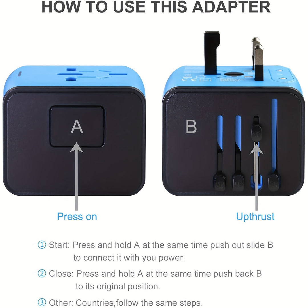 Universeller Reiseadapter mit 4 USB-Anschlüssen und Typ-C-Globale Kompatibilität, schnelle Ladesicherheitsfunktionen-5