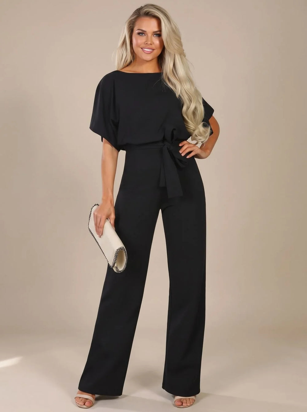 Annika | Damen Jumpsuit mit Bindegürtel und weitem Bein 1