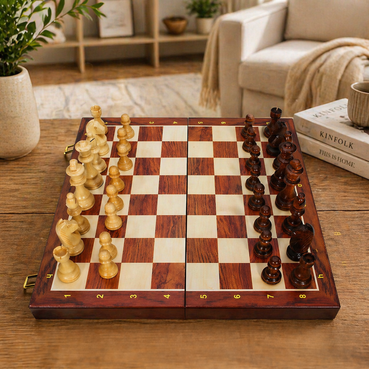 Strategio – Faltbares Schachspiel aus Holz mit Filzspielbrett