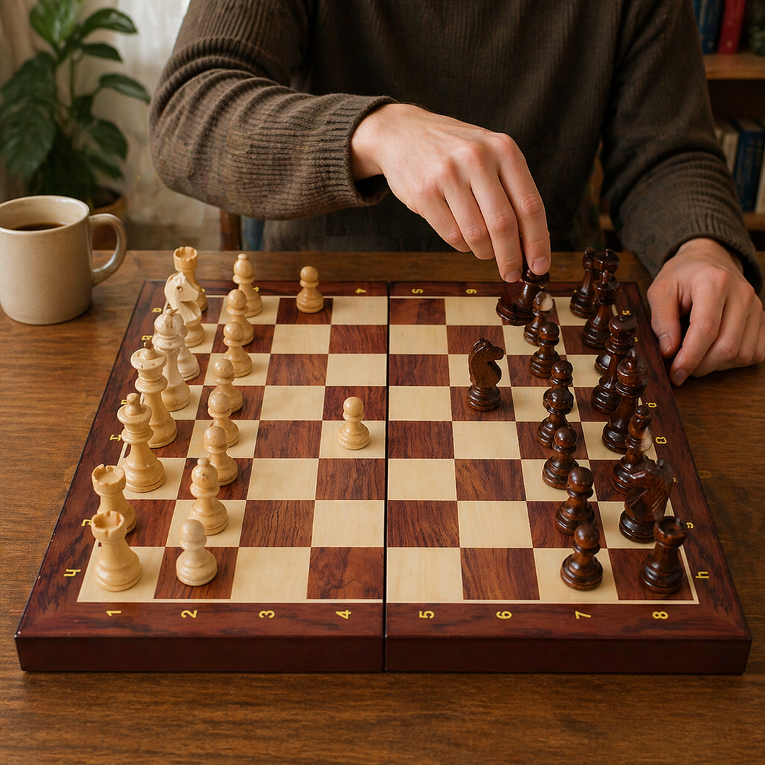 Strategio – Faltbares Schachspiel aus Holz mit Filzspielbrett