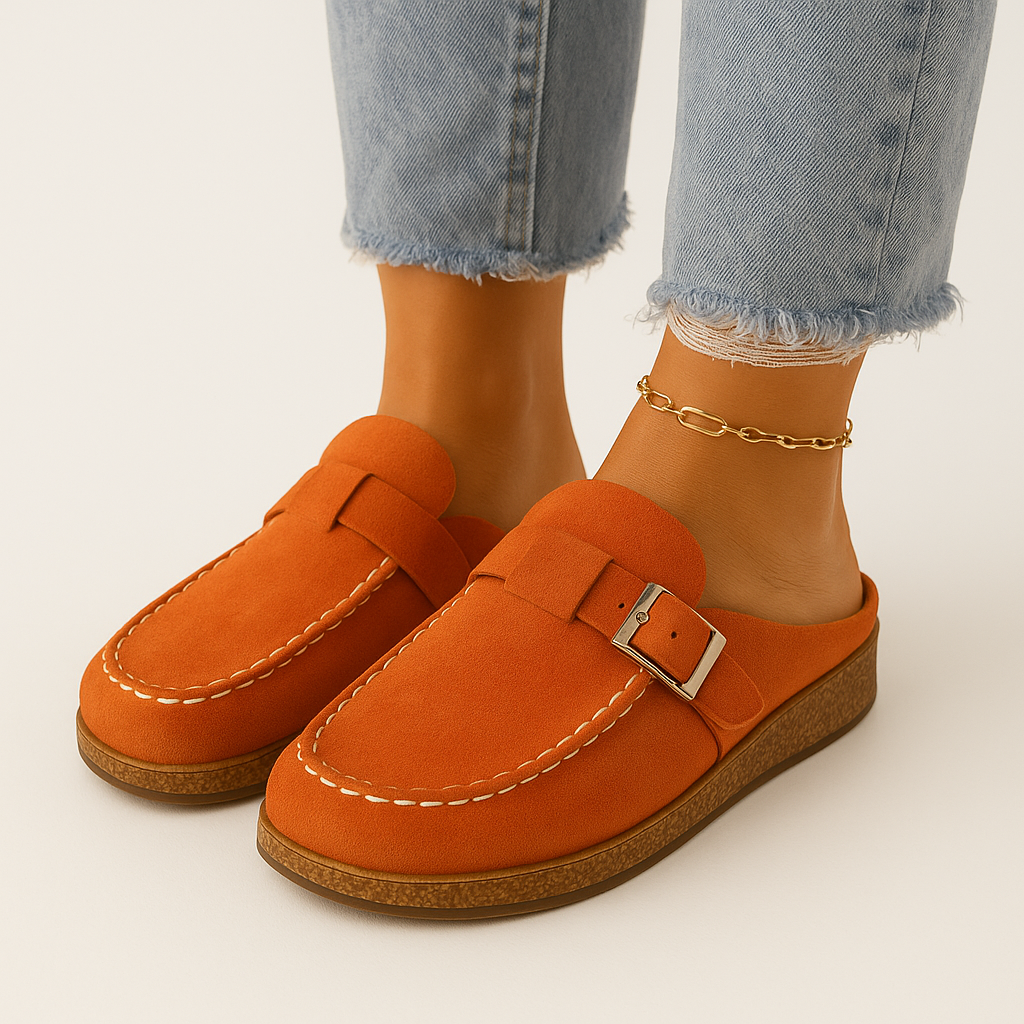 Bequeme Wildleder-Pantoletten für Damen mit Schnallendetail 5