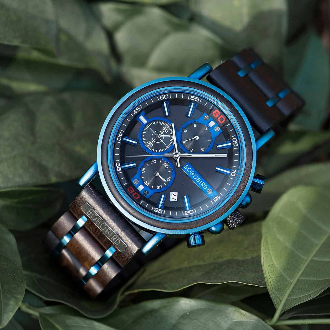 Blaue Holz Chronograph Uhr 1
