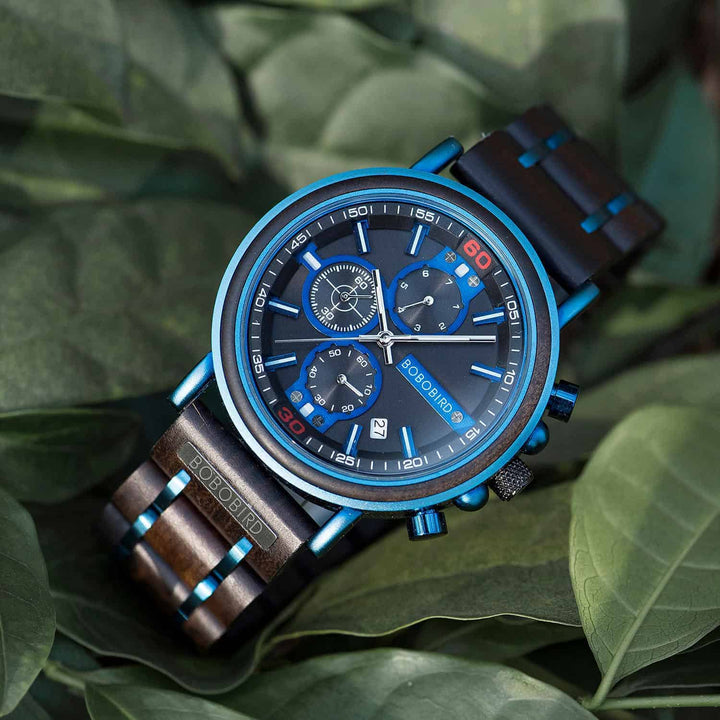 Blaue Holz Chronograph Uhr 1