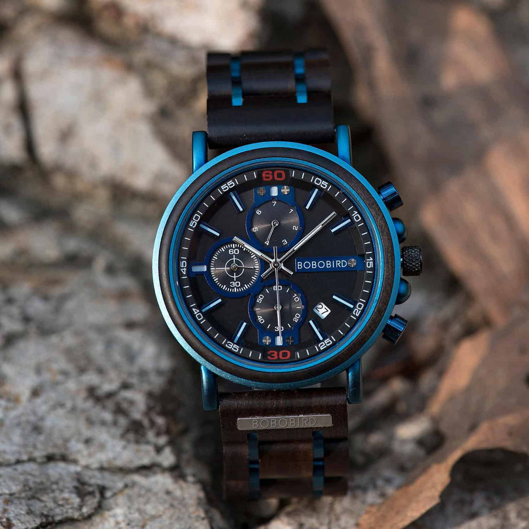 Blaue Holz Chronograph Uhr 4