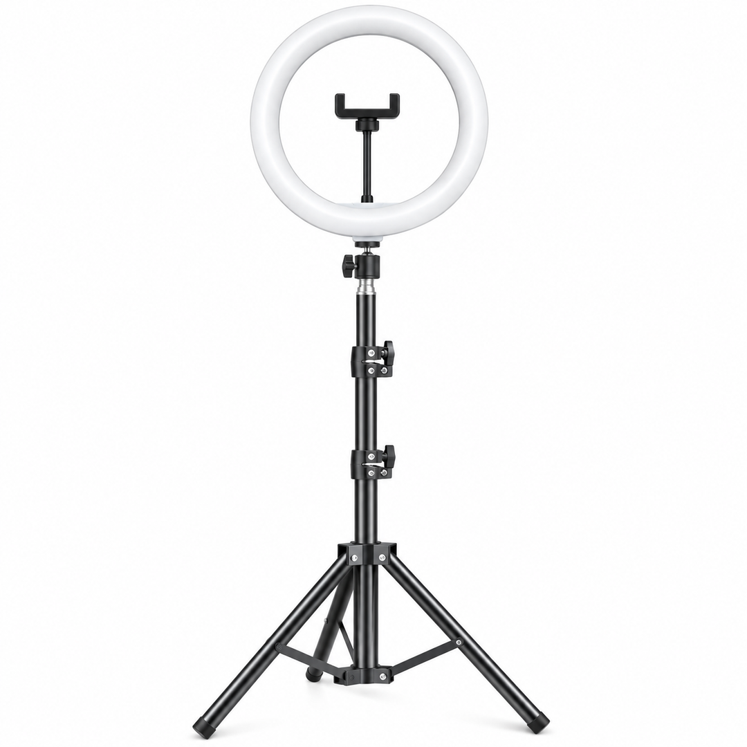 LED -Ringlicht mit verstellbarem Stativ und Telefonhalter für Selfies und Videoaufzeichnung