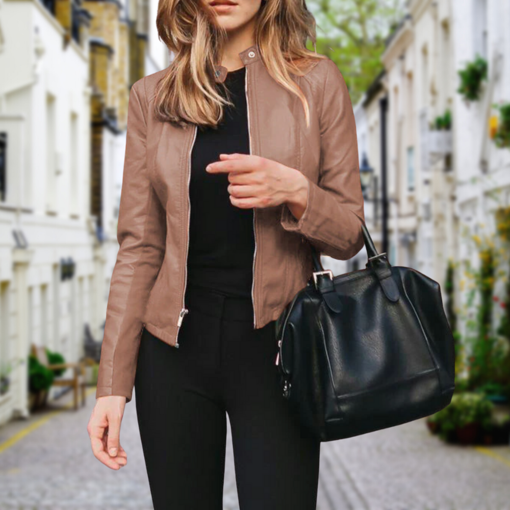 Damen Biker-Lederjacke mit Stehkragen und schmalem Reißverschluss für modernen Stil 1