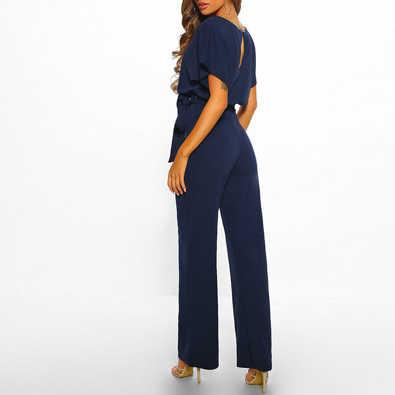 Damen Overall mit weitem Bein und Taillengürtel – Eleganter Kurzarm-Stil 1