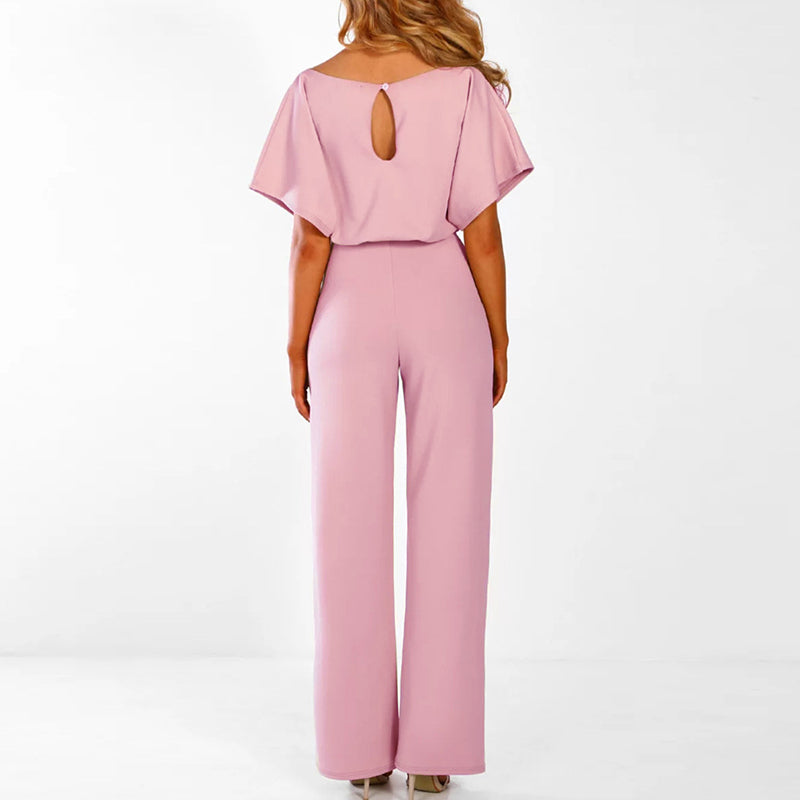 Damen Overall mit weitem Bein und Taillengürtel – Eleganter Kurzarm-Stil 2