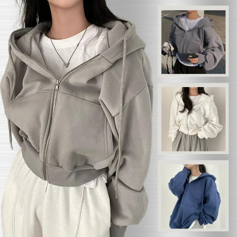 Damen Oversized Kapuzenjacke mit Reißverschluss und Taschen 1