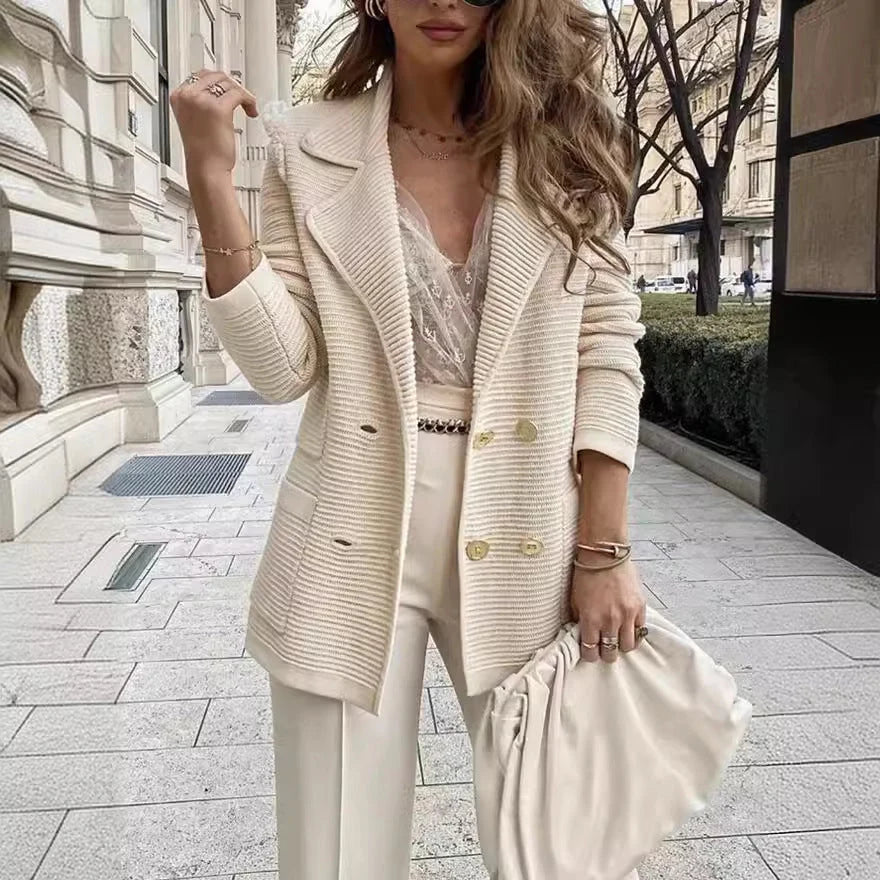 Damen Strickblazer mit doppelter Knopfleiste und Reverskragen 3