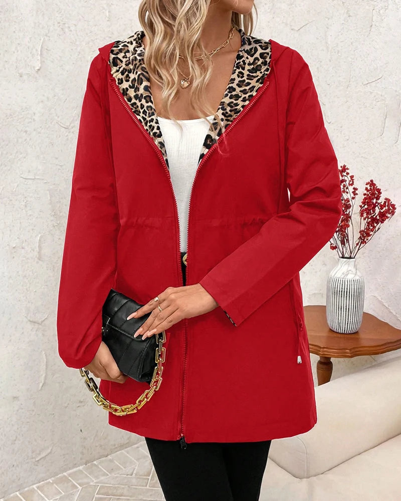 Damen wendbarer Mantel mit Kapuze und Leopardenmuster 6