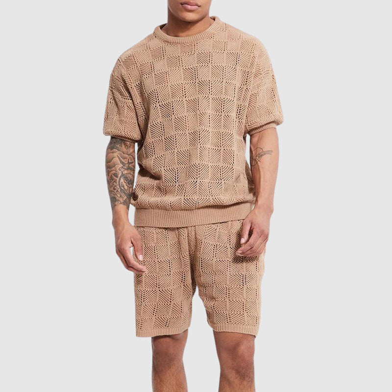  Herrengestrickter Set - atmungsaktive Kurzarmd -Top & Shorts - Geometrische Textur Casual Wear-2