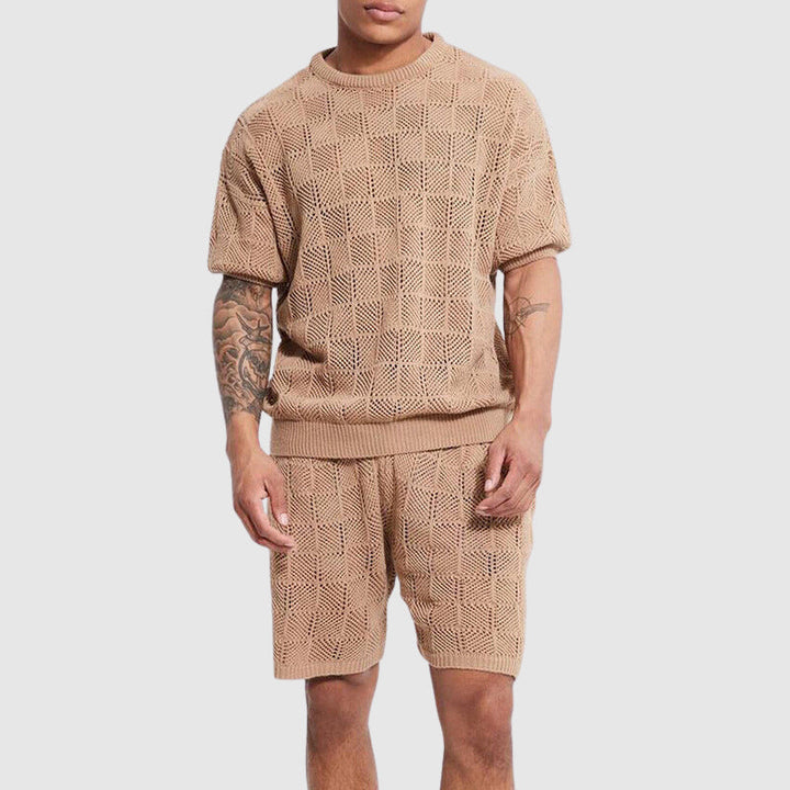  Herrengestrickter Set - atmungsaktive Kurzarmd -Top & Shorts - Geometrische Textur Casual Wear-2