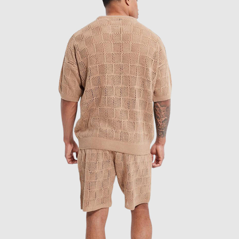 Herrengestrickter Set - atmungsaktive Kurzarmd -Top & Shorts - Geometrische Textur Casual Wear-4