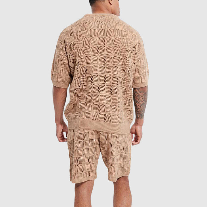  Herrengestrickter Set - atmungsaktive Kurzarmd -Top & Shorts - Geometrische Textur Casual Wear-4