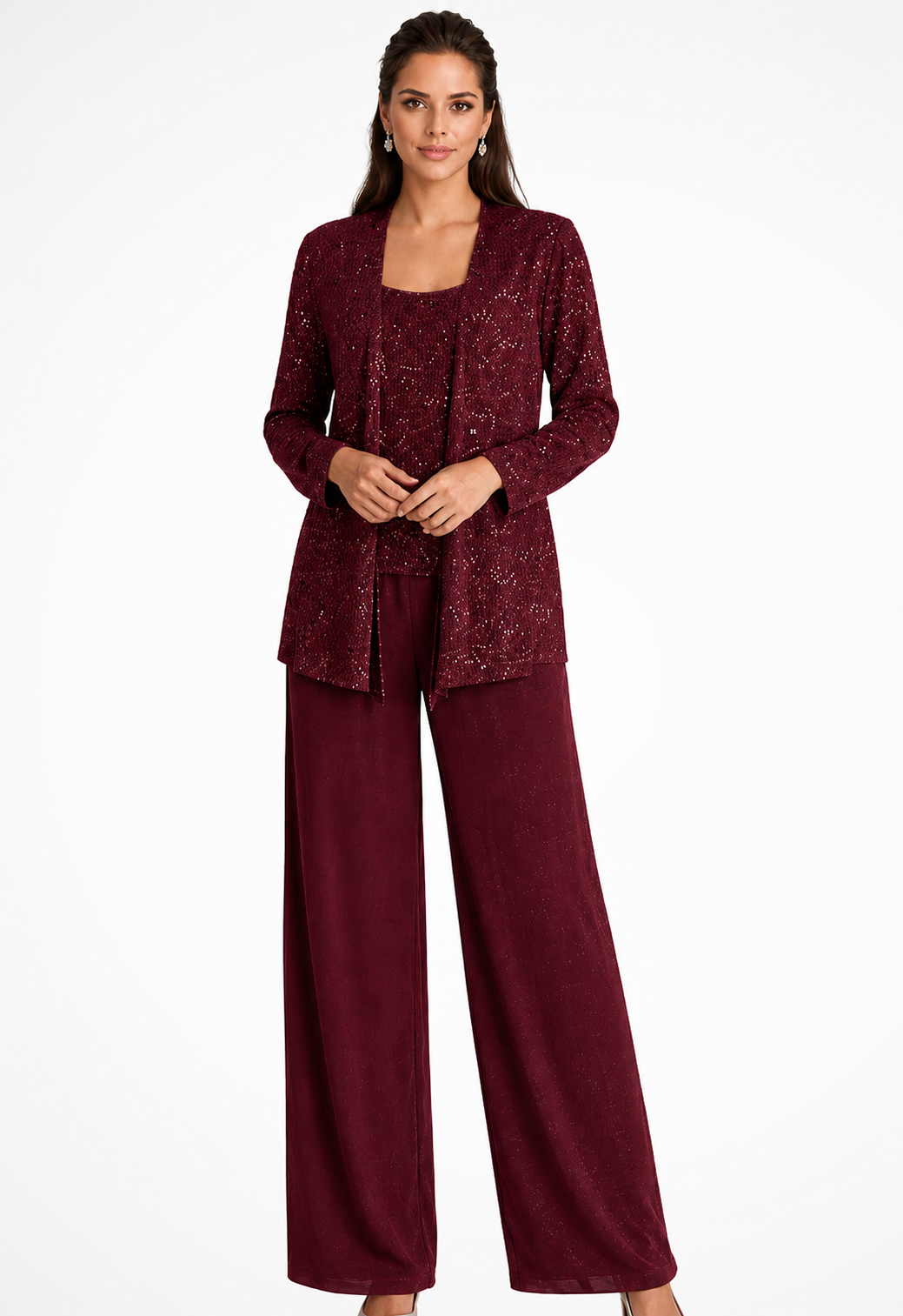 Eleganter Damen-Hosenanzug Mit Paillettenspitze Für Hochzeitsgäste – Dreiteiliges Set Mit Jacke, Oberteil Und Weiter Hose