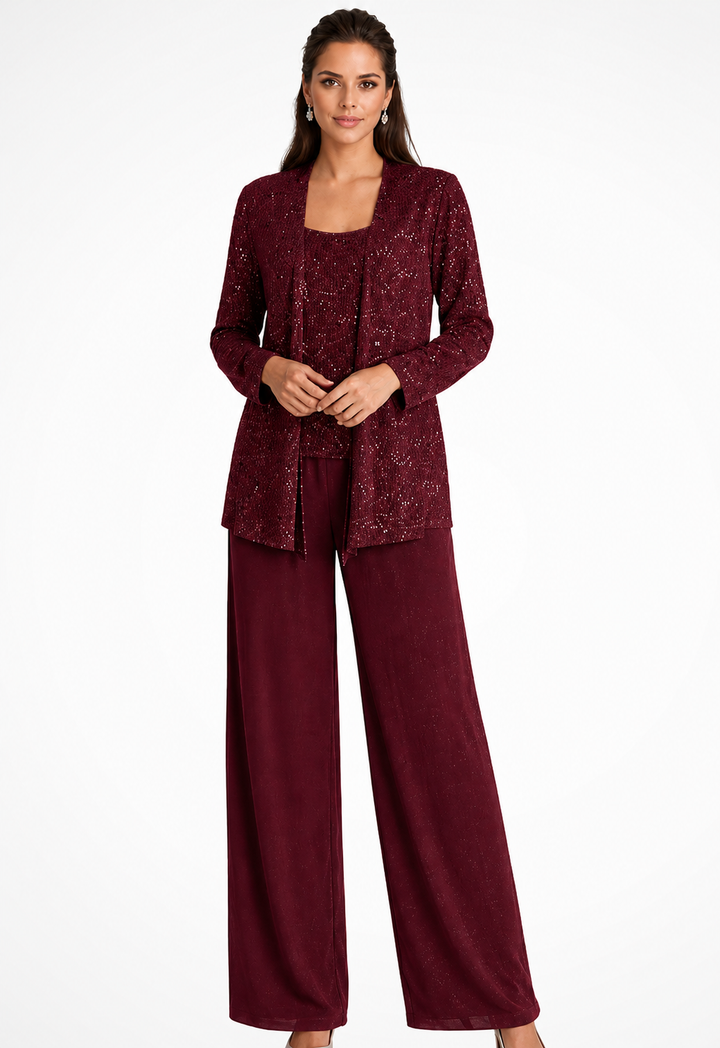 Eleganter Damen-Hosenanzug Mit Paillettenspitze Für Hochzeitsgäste – Dreiteiliges Set Mit Jacke, Oberteil Und Weiter Hose