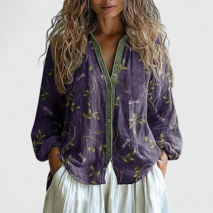 Elegante Bluse mit Retro-Blattdruck für Damen - Bequem und Vielseitig 0