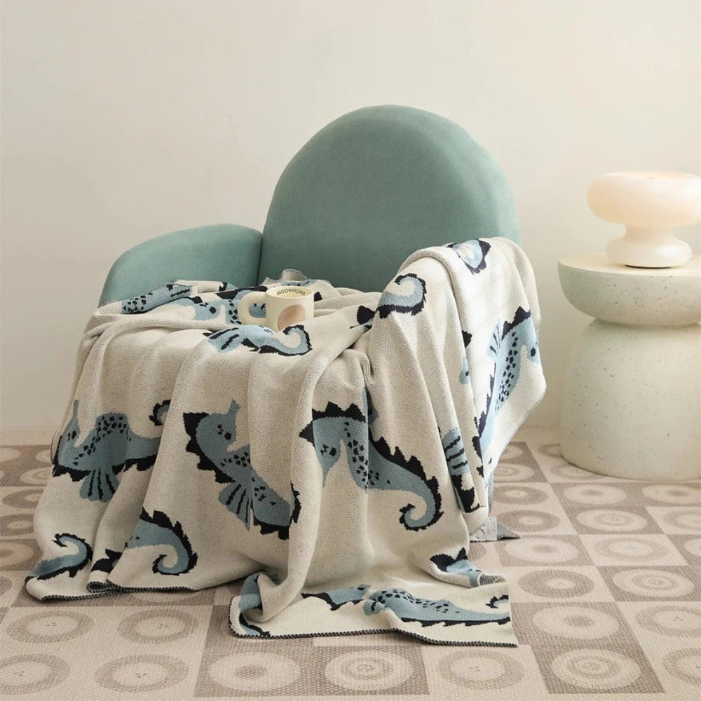 Elegante Decke für Zuhause mit Seepferdchen-Motiv aus Baumwolle 0
