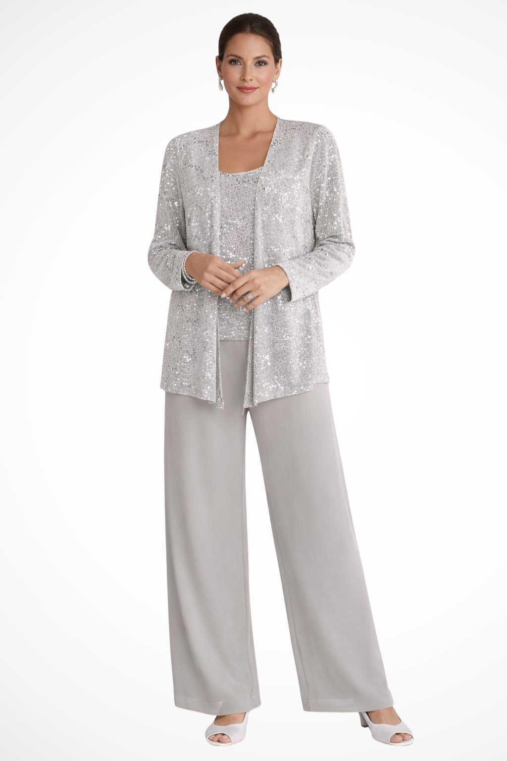 Eleganter Damen-Hosenanzug Mit Paillettenspitze Für Hochzeitsgäste – Dreiteiliges Set Mit Jacke, Oberteil Und Weiter Hose 0