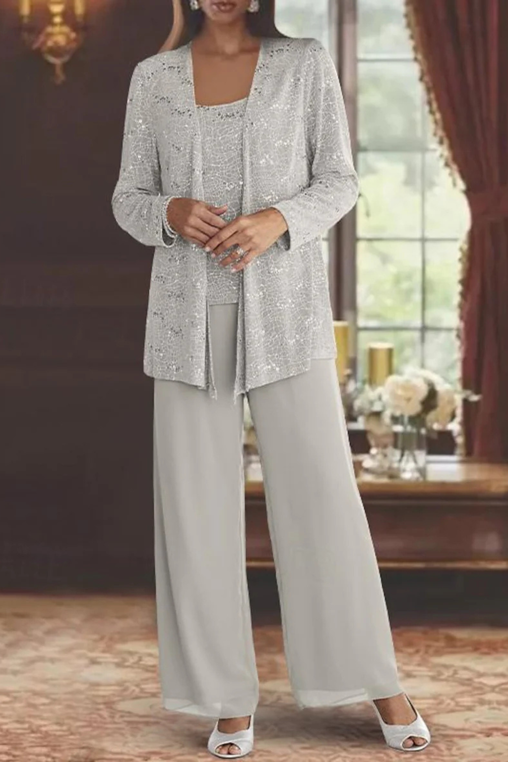 Eleganter Damen-Hosenanzug Mit Paillettenspitze Für Hochzeitsgäste – Dreiteiliges Set Mit Jacke, Oberteil Und Weiter Hose 1