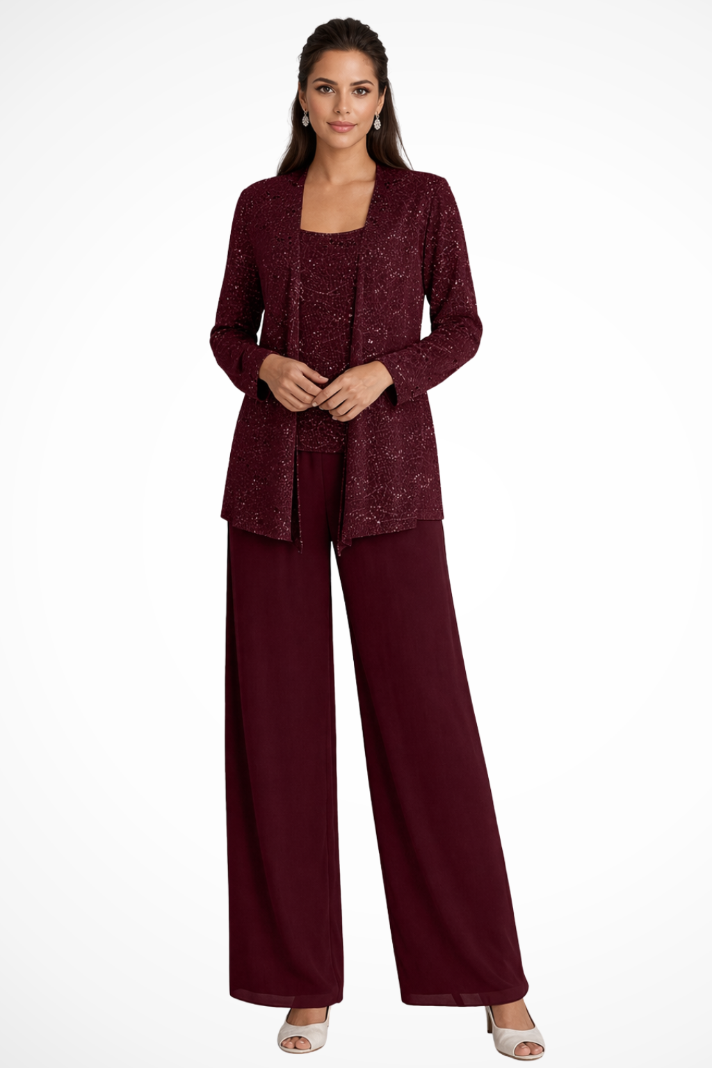 Eleganter Damen-Hosenanzug Mit Paillettenspitze Für Hochzeitsgäste – Dreiteiliges Set Mit Jacke, Oberteil Und Weiter Hose 10