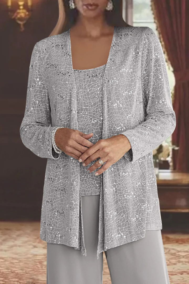 Eleganter Damen-Hosenanzug Mit Paillettenspitze Für Hochzeitsgäste – Dreiteiliges Set Mit Jacke, Oberteil Und Weiter Hose 2