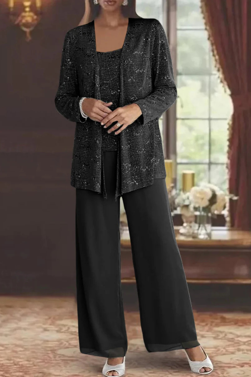 Eleganter Damen-Hosenanzug Mit Paillettenspitze Für Hochzeitsgäste – Dreiteiliges Set Mit Jacke, Oberteil Und Weiter Hose 5
