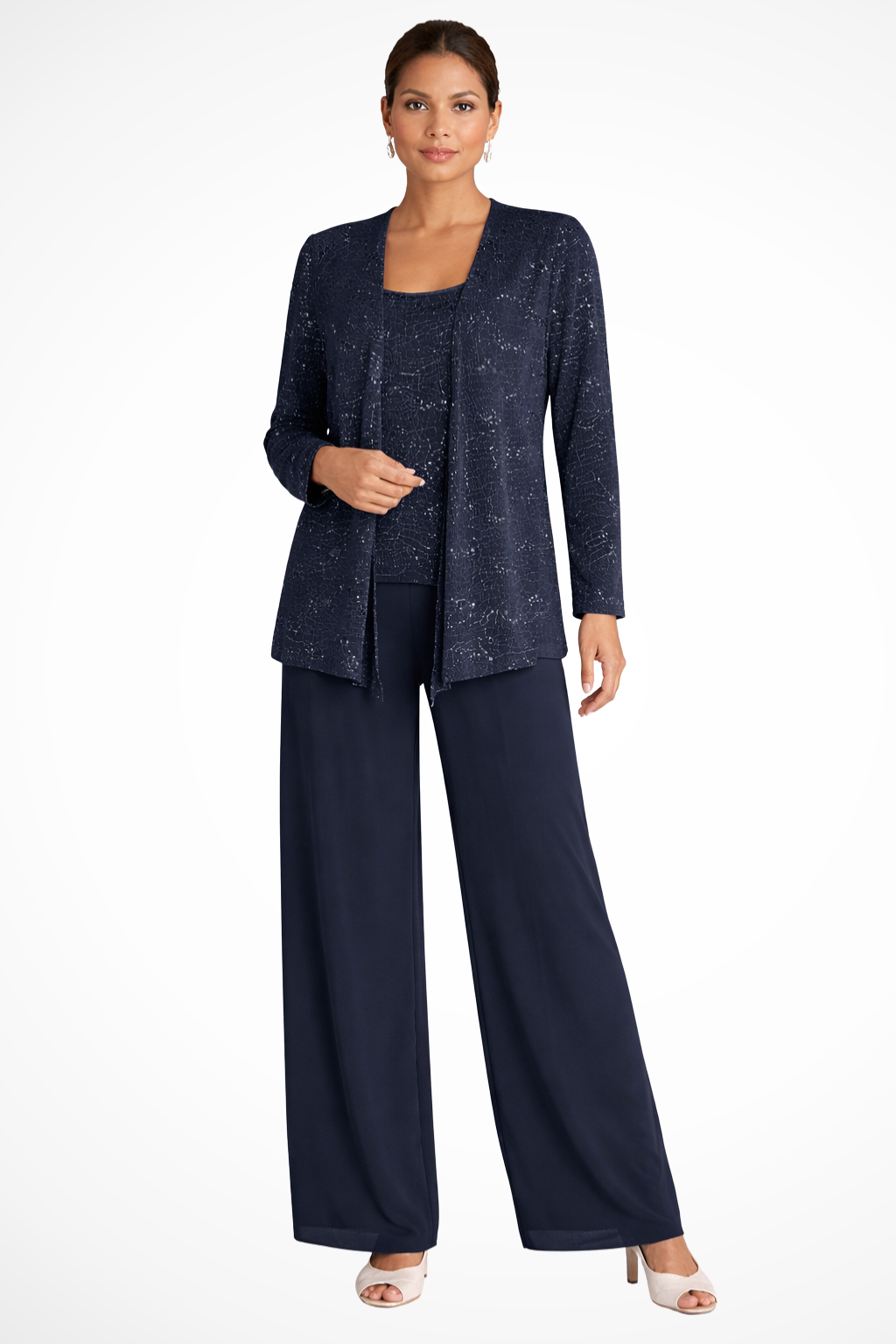 Eleganter Damen-Hosenanzug Mit Paillettenspitze Für Hochzeitsgäste – Dreiteiliges Set Mit Jacke, Oberteil Und Weiter Hose 6