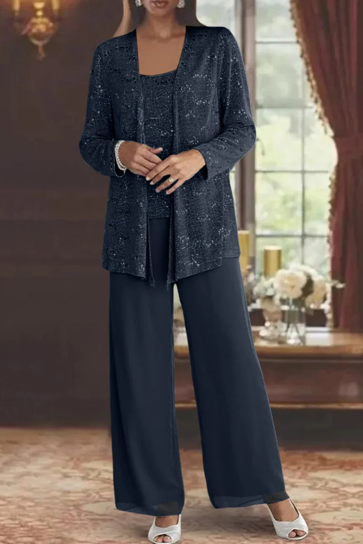 Eleganter Damen-Hosenanzug Mit Paillettenspitze Für Hochzeitsgäste – Dreiteiliges Set Mit Jacke, Oberteil Und Weiter Hose 7