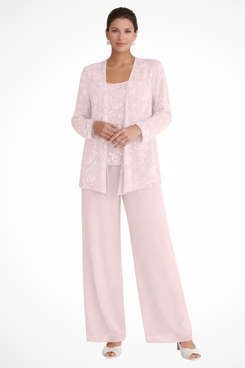 Eleganter Damen-Hosenanzug Mit Paillettenspitze Für Hochzeitsgäste – Dreiteiliges Set Mit Jacke, Oberteil Und Weiter Hose 9