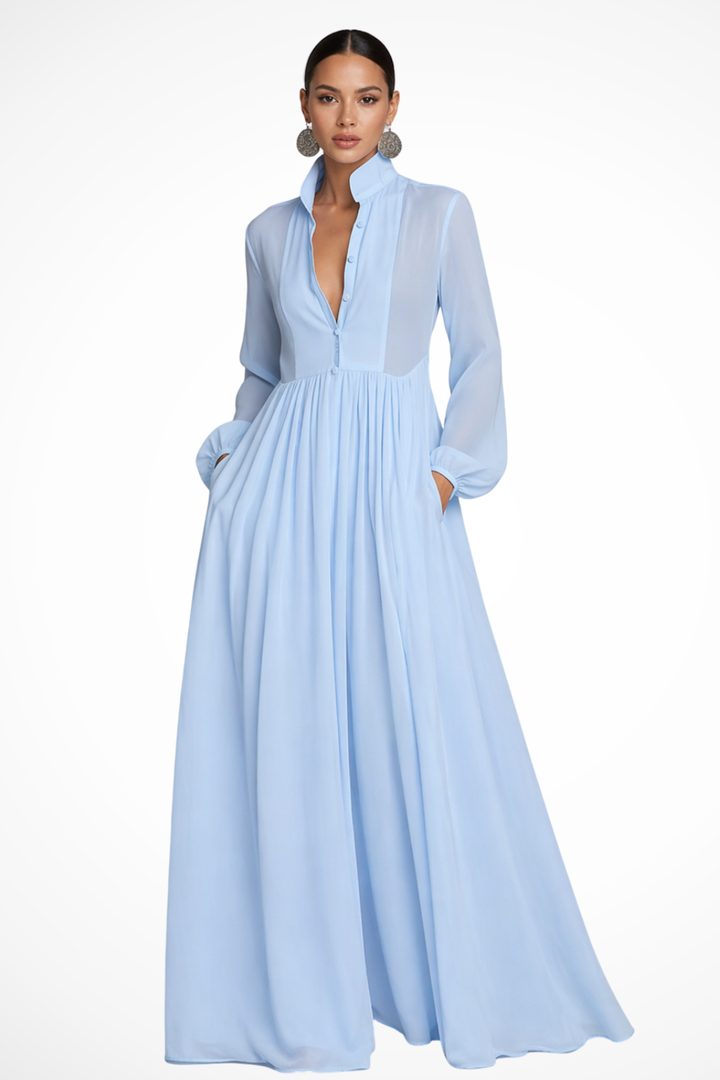 Elegantes Damen-Maxikleid mit langen Ärmeln und Knöpfen für Gartenpartys 0