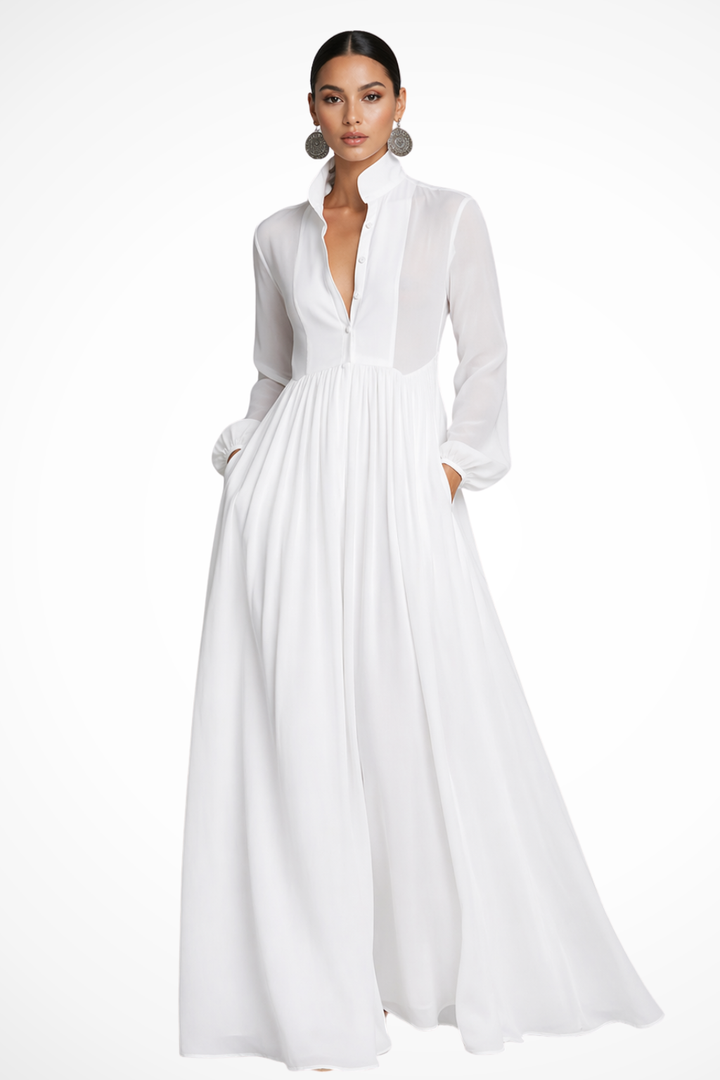 Elegantes Damen-Maxikleid mit langen Ärmeln und Knöpfen für Gartenpartys 2