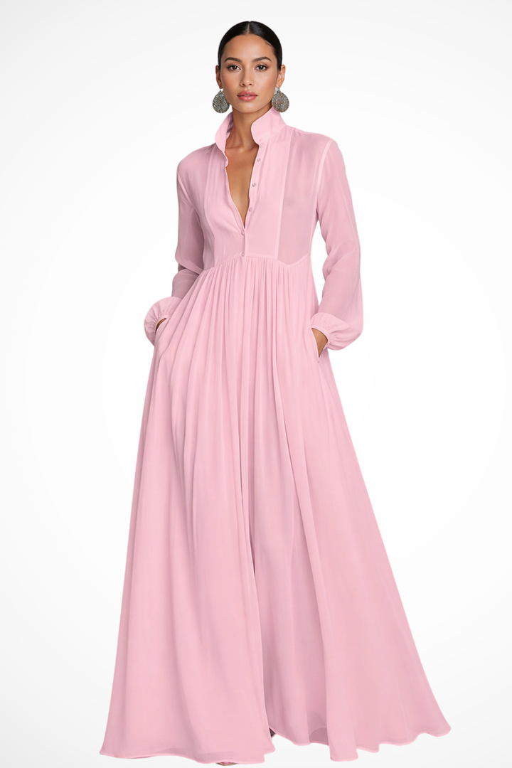 Elegantes Damen-Maxikleid mit langen Ärmeln und Knöpfen für Gartenpartys 4