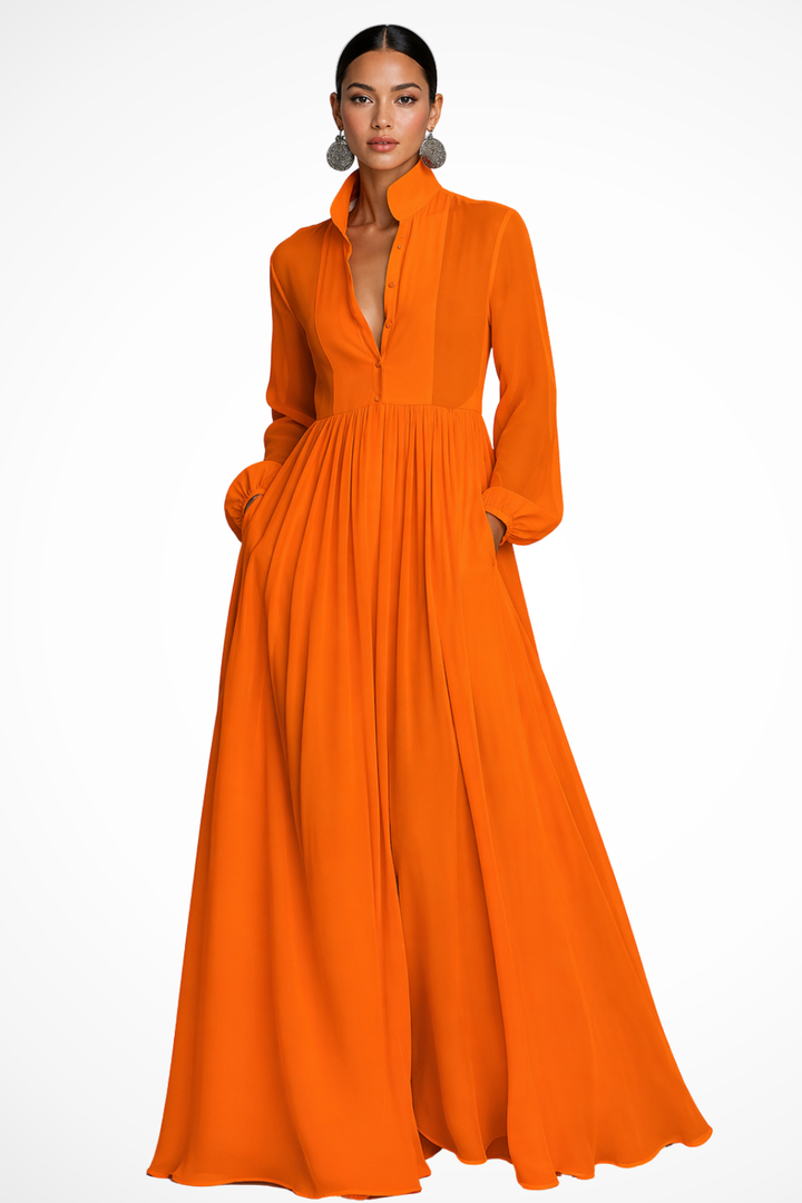 Elegantes Damen-Maxikleid mit langen Ärmeln und Knöpfen für Gartenpartys 5