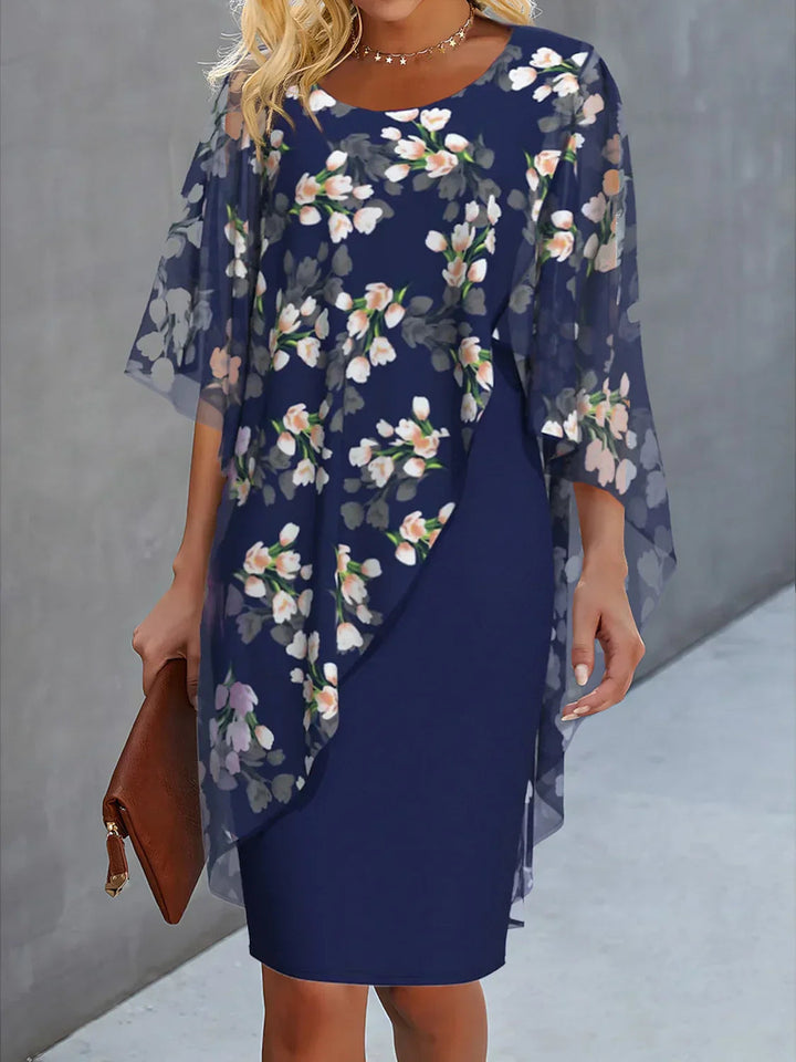 Elegantes Damenkleid mit Chiffoncape und Blumenmuster für Hochzeiten und besondere Anlässe 0
