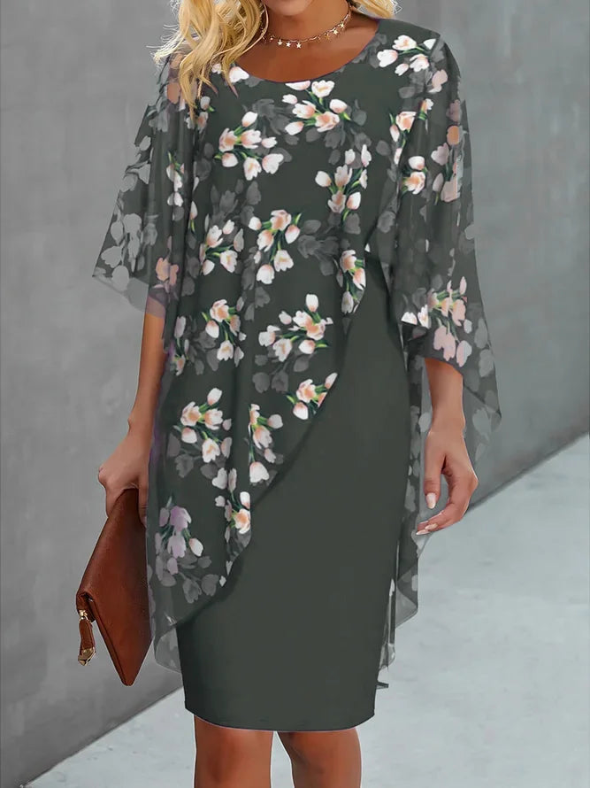 Elegantes Damenkleid mit Chiffoncape und Blumenmuster für Hochzeiten und besondere Anlässe 3