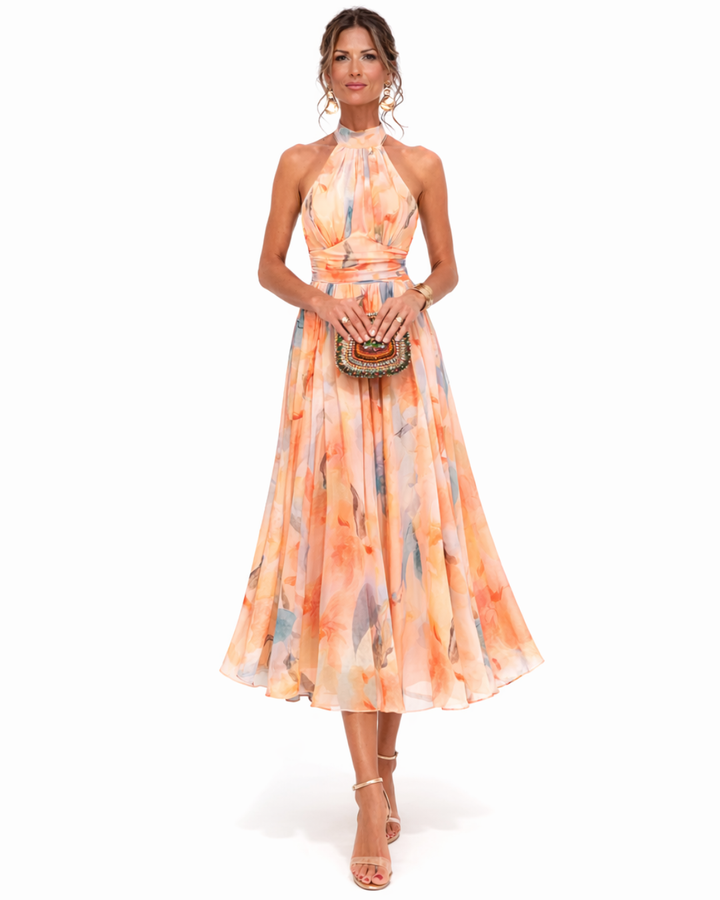 Elegantes Halter Neck Maxi Kleid mit Aquarell Druck für Damen 0