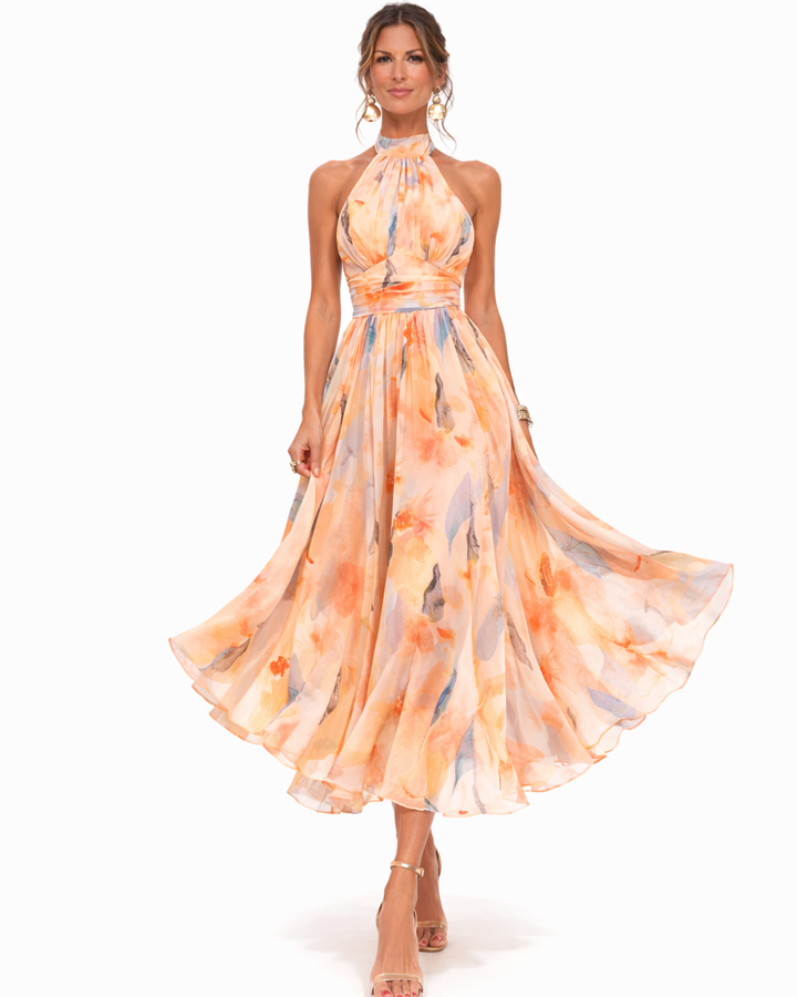 Elegantes Halter Neck Maxi Kleid mit Aquarell Druck für Damen 1