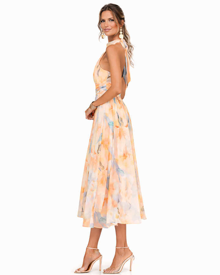Elegantes Halter Neck Maxi Kleid mit Aquarell Druck für Damen 2
