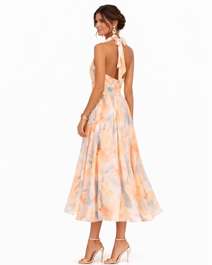 Elegantes Halter Neck Maxi Kleid mit Aquarell Druck für Damen 3