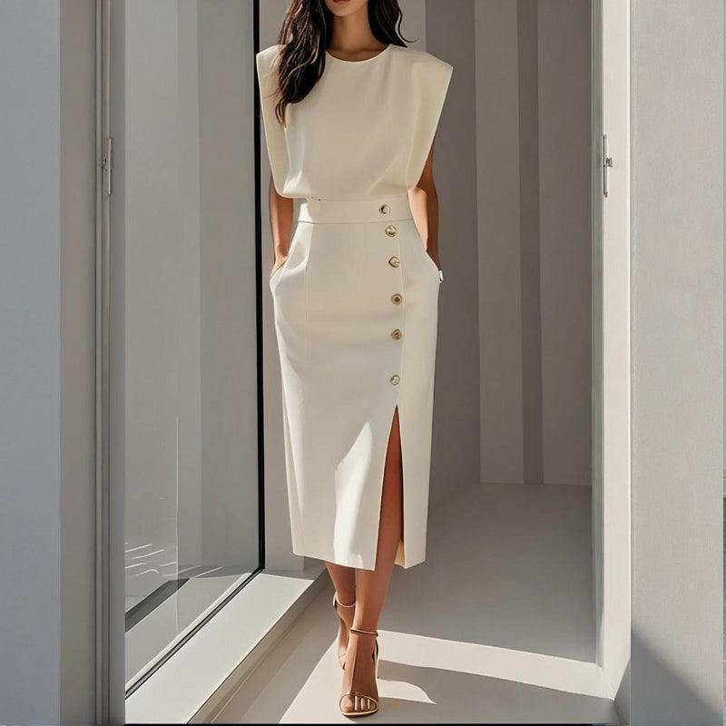 Elegantes Kleid Hochzeitsgast für Damen mit Taillierter Passform und Seitlichem Knopfdetail - Festliches Kleid in Pastellton 0