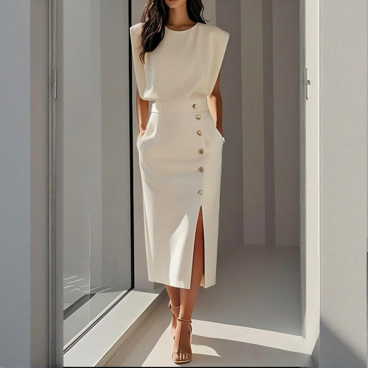 Elegantes Kleid Hochzeitsgast für Damen mit Taillierter Passform und Seitlichem Knopfdetail - Festliches Kleid in Pastellton 0